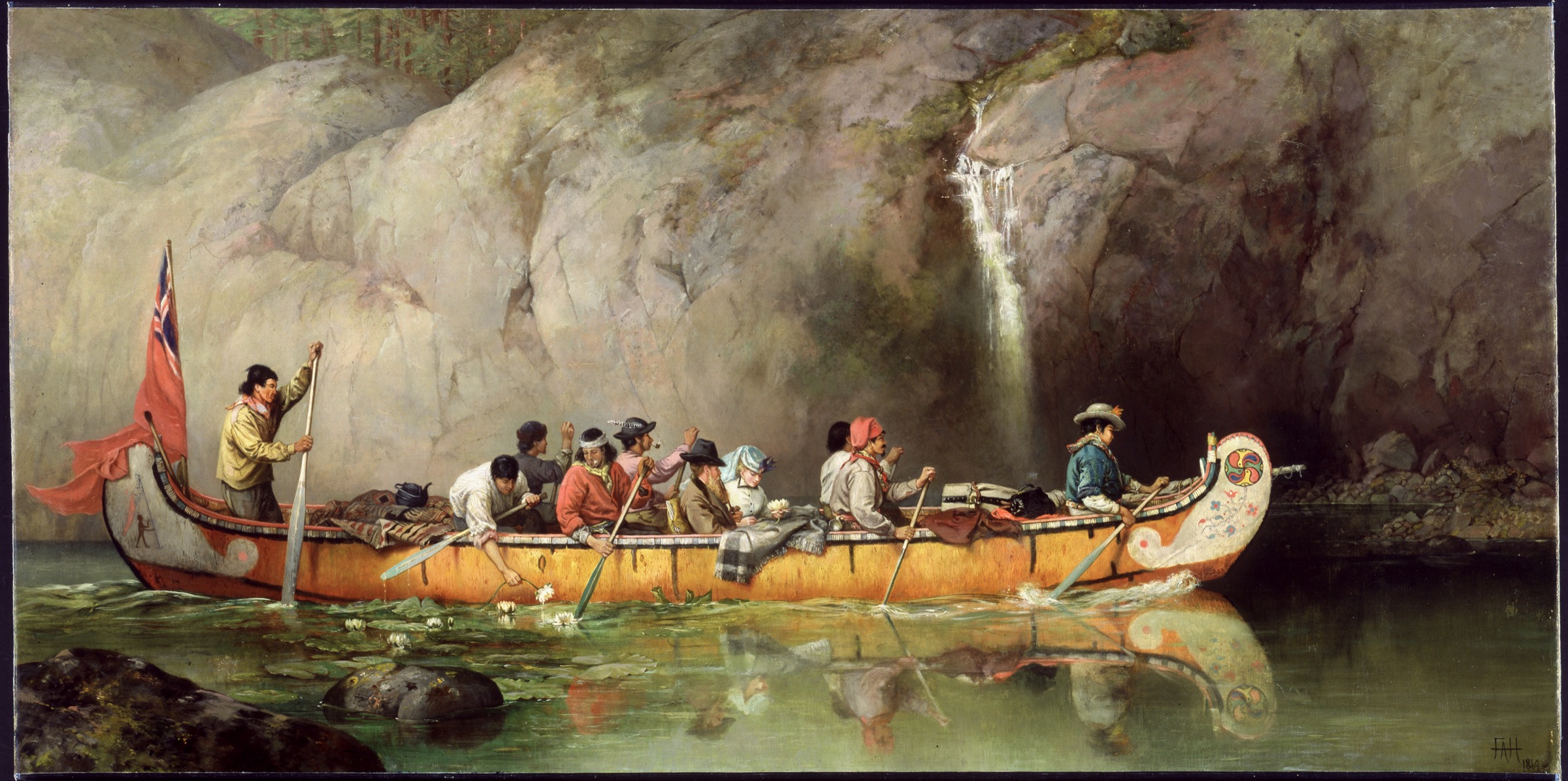 Canoe manned by voyageurs passing a waterfall